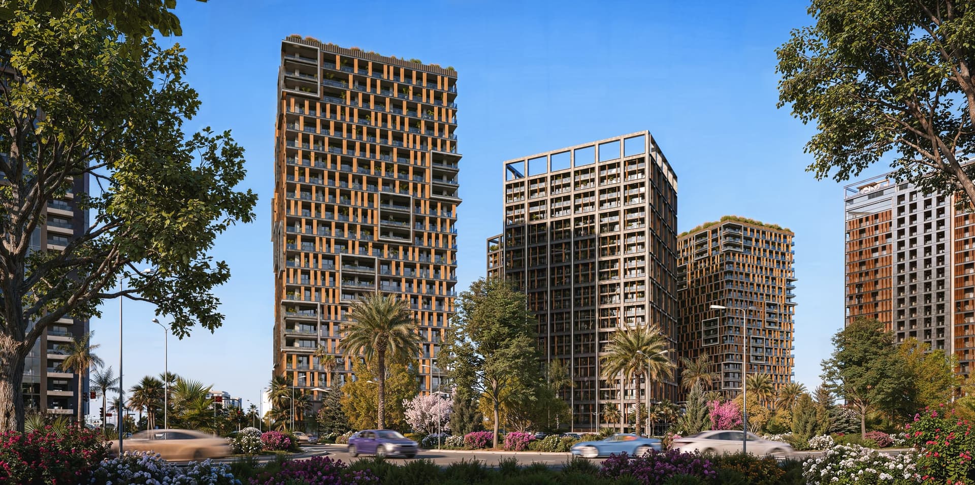 Extérieurs (blocs A à D) — rendu promoteur ONE Development